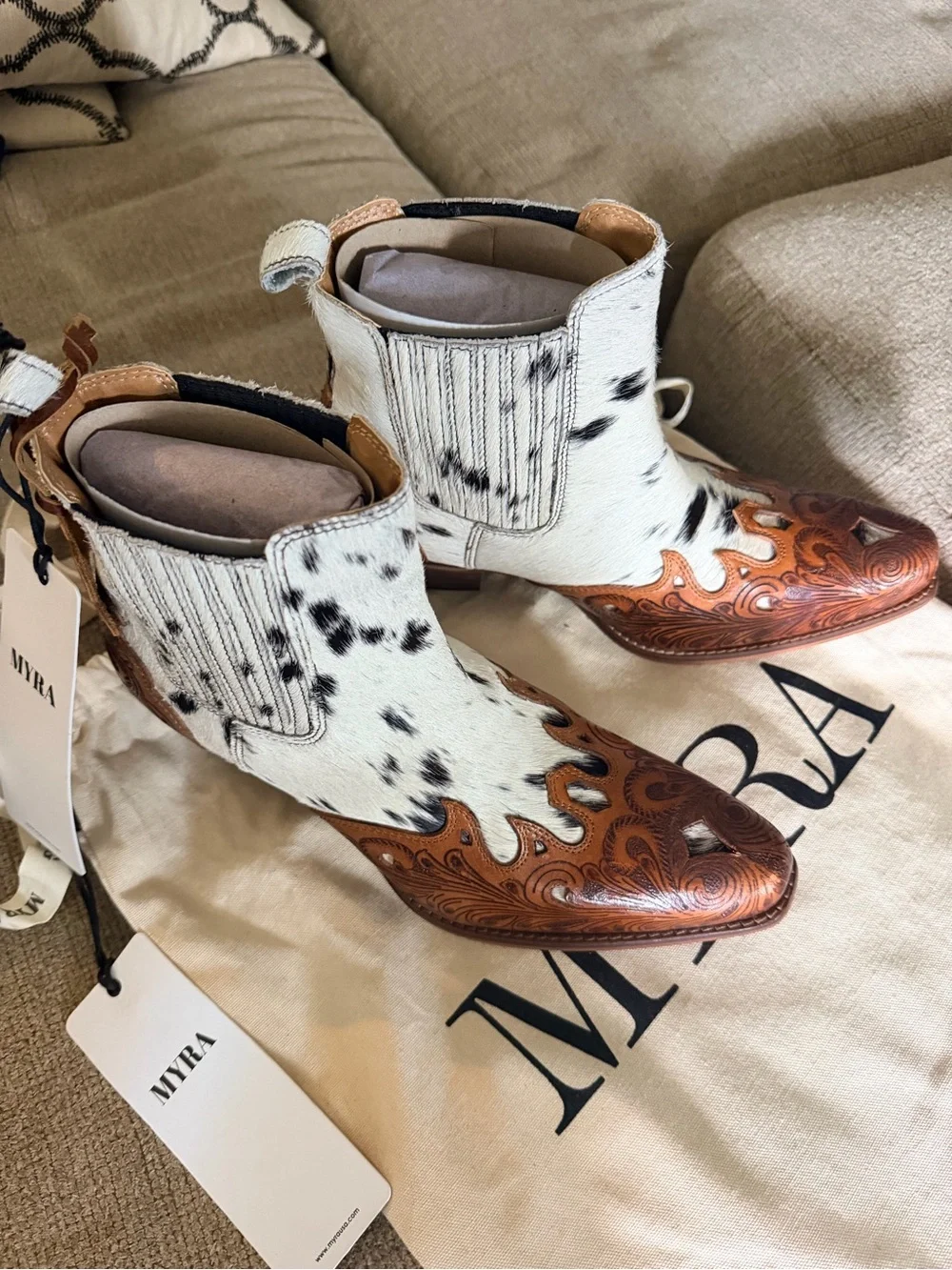 Myra Bag White Speckled Cowhide & Cognac Tooled Leather Ankle Boots - Picture 2 of 3